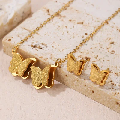 Двойной дизайн бабочки из нержавеющей стали серьги ожерелье комплект ювелирных изделий для женщин