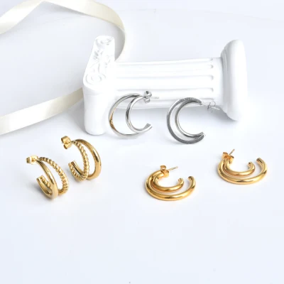 Модные пользовательские позолоченные женские серьги-кольца из нержавеющей стали, элегантные модные круглые двойные круглые серьги
