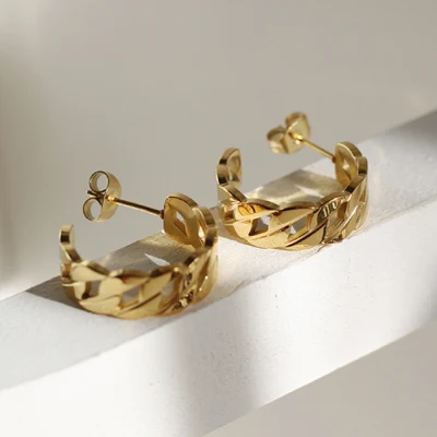Водостойкие гипоаллергенные женские серьги-кольца из нержавеющей стали в стиле минимализма с позолотой 18 К, полые C, кубинская цепочка, серьги-кольца