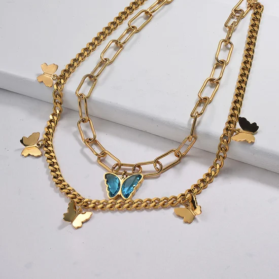 Оптовая продажа из нержавеющей стали 18-каратного золота с подвеской в ​​виде бабочки и многослойного женского ожерелья